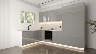 Produktbild von Winkelküche – Eckküche – Küchenzeile L-Form – Komplettküche – Küchenzeile – Velmora – KÜ-AS-005 – 310 x 190 cm – Grau Hochglanz Ohne Arbeitsplatte