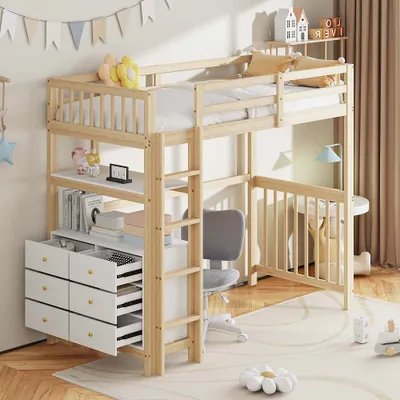 Obrázek produktu pro Půdní postele AIORBER, 90x200 cm, z borovicového dřeva, se svislým bezpečnostním žebříkem, lamelovým rámem, 6 zásuvkami, policemi a vysokou ochranou proti pádu, barva dřeva