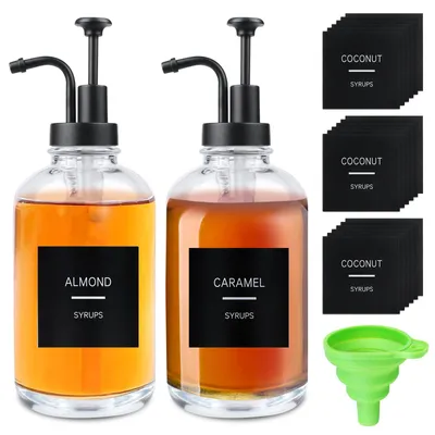 Glas-Sirup-Dispenser-Set, 2x 500 ml, mit Aufklebern