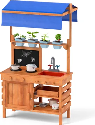 Immagine prodotto di Cucina per bambini COSTWAY, cucina da giardino con tettoia parasole regolabile in altezza, tavolo, piano cottura, lavello, forno e cassetto, cucina di fango per bambini 3+, 136x77x56,5 cm