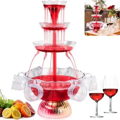 Produktbild von 3-stufiger klarer Partybrunnen, Partybrunnen mit 5 wiederverwendbaren Bechern, LED-beleuchteter Sockel, Saft Und Weinbrunnen Trinkbrunnen für Kneipen