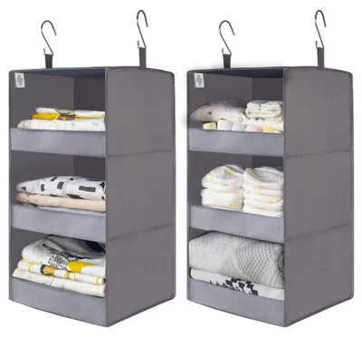 Image de Étagère suspendue à 3 compartiments, lot de 2, armoire de rangement suspendue, organiseur pour armoire, étagère suspendue pliable en tissu, organiseur suspendu gris