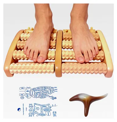 Produktbild von Fußmassagegerät Set aus Holz mit Fußmassageroller, Reflexzonen-Massagesocken und Massagewerkzeug – Fußmassage, Durchblutung, Fersensporn und Entspannung
