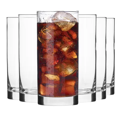 A group of tall, clear glasses, with one glass filled with a dark beverage and ice.