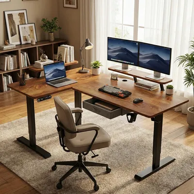 Produktbild von Hilodesk 160cmL Förmiger Bürotische Stehpult L-Schreibtisch Elektrisch Höhenverstellbar Eckschreibtisch mit Monitorständer und Schublade Vintage