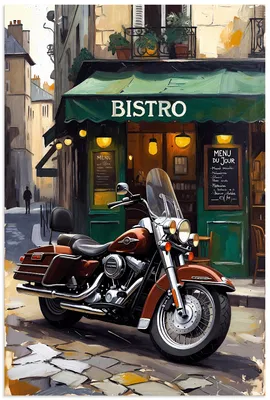 Produktbild von ARTland Wandbild Alu für Innen & Outdoor Eine parkende Harley vor einem Bistro Größe: 20x30 cm