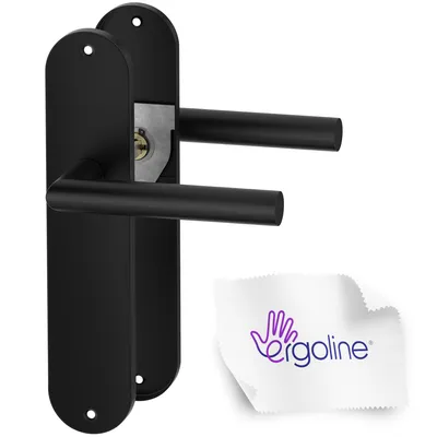 A black door handle set with a keyhole, shown on a white background, with a cleaning cloth featuring a logo in the foreground.