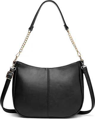 Image de (Noir)Petit sac crossbody pour femme, cuir vegan, porte-monnaie, chaîne, décor, sac hobo