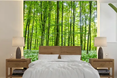 Produktbild von MuchoWow® Fototapete für Wohnzimmer oder Schlafzimmer Wandtapete Vinyl Motivtapete Wald - Bäume - Grün - 300x300 cm - Wanddekoration
