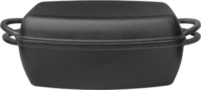 A black cast iron roaster with handles is shown against a white background.