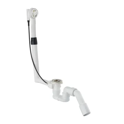 A white plumbing fixture, likely a bath drain and overflow assembly, is shown against a white background.