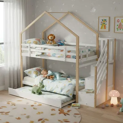 Produktbild von Etagenbett 90x200cm mit Ausziehbett 90x190cm, Holz+MDF Kinderbett mit Treppe, Schubladen, Absturzsicherung und Lattenrosten in Natur+Weiß