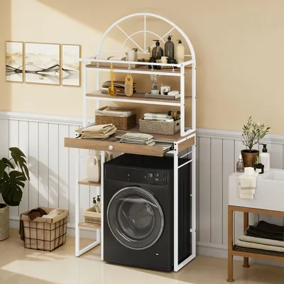 Produktbild von Waschmaschinenregal mit 3 Ablagen, Toilettenregal Badezimmerregal Standregal, mit ausziehbar-regal, 86 x 40 x 200 cm, Weiß