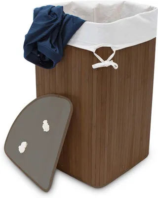 Productafbeelding van Hoekwasmand van bamboe - Opvouwbare wasbox - 60 l - Ruimtebesparend - Katoenen waszak - 65 x 49,5 x 37 cm - Bruin