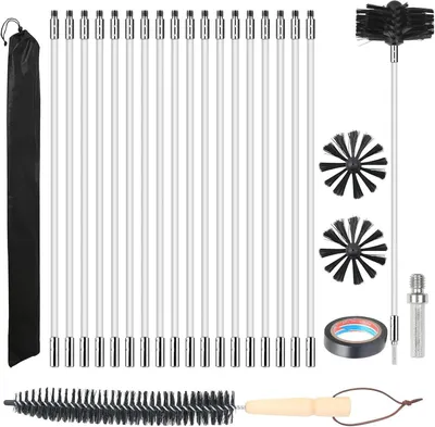 Image de Kit de nettoyage de cheminée comprenant 23 pièces : 18 tiges flexibles de 410 mm, 2 têtes de brosse de 100 mm, 1 brosse en bois longue, et des accessoires. Idéal pour le nettoyage des conduits de cheminée