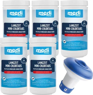 Produktbild von mediPOOL Wasserpflege-Set Langzeit MiniChlorTabs 20g, 5x 1 kg und Minidosierschwimmer