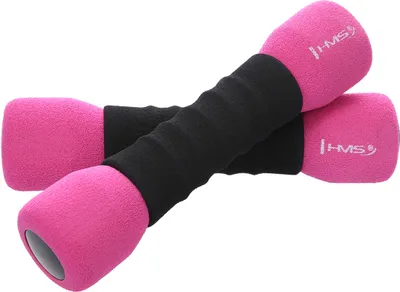 Two pink dumbbells with black grips on a white background.
