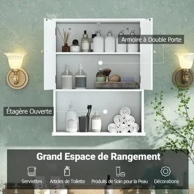 Image de Armoire murale de salle de bain à deux portes, avec étagère ouverte et étagère réglable