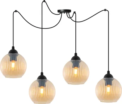 Produktbild von Hängelampe RIFFLE Spinne Schwarz 4-flammig Glas Kugel Amber E27