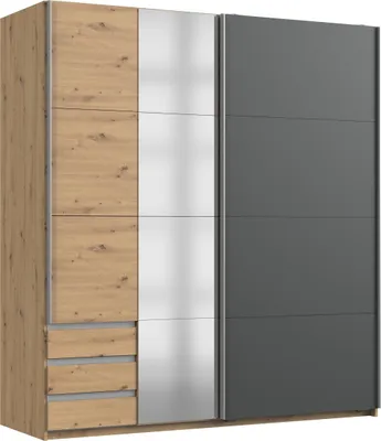 Produktbild von Schwebetürenschrank >NORDEN< GRAPHIT + EICHE Nachbildung + SPIEGEL - 179x198x65cm (BxHxT)