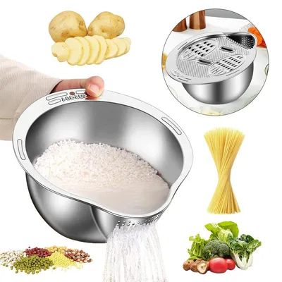 Produktbild von Siebschüssel-Set aus Edelstahl mit Abtropfschale, multifunktionale Reibeplatte, Reiswascher, von Quinoa, Obst, Gemüse, Bohnen