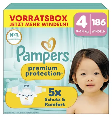 Produktbild von Pampers Premium Protection Größe 4, 186 Windeln, 9kg-14kg, unser Nr. 1 Haut- und Auslaufschutz