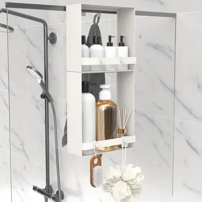 Immagine prodotto di Portaoggetti da bagno da appendere, acciaio inossidabile bianco, a 2 ripiani, con ganci, senza necessità di foratura