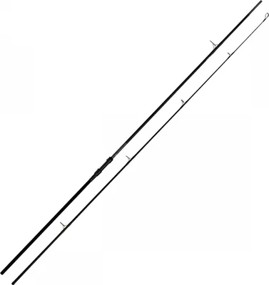 A black fishing rod is shown against a white background.