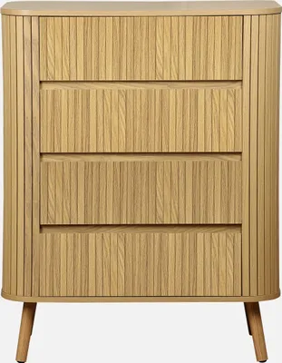 A front view of a wooden chest of drawers with a ribbed texture on the drawer fronts and sides.