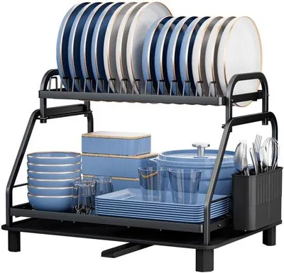 Obrázok produktu pre Uniqoos® odkvapkávač na riad, 2-poschodový – 40×30,5×34 cm, nerezová oceľ, čierna farba, priestor pre 16+ misiek a 14 tanierov, otočný odtok