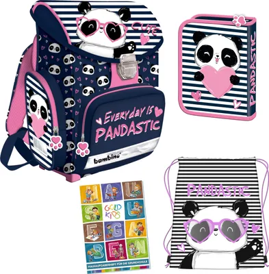 Produktbild von Lovely Panda 4er Set Schulranzen Ranzen Tornister Federmappe Turnbeutel Turnsack Aufgabenheft für die Grundschule. Geeignet ab der ersten Klasse
