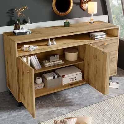 Obrázek produktu pro Komoda STILVORA s 3 zásuvkami a 2 dvířky, s otevřenou přihrádkou a lameloovým designem v vintage stylu. Úložný prostor, komoda vhodná do obývacího pokoje, jídelny nebo chodby