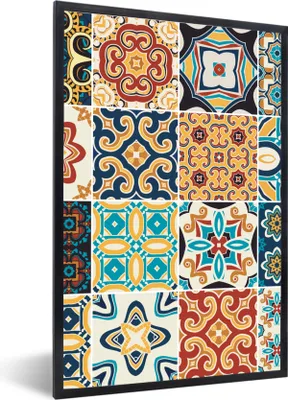 Produktbild von MuchoWow® Gerahmtes Poster Blumen - Vintage - Muster - Blau - Orange 40x60 cm - Poster mit Schwarzem Bilderrahmen Wandposter Rahmen Foto Bilder - Papierdruck - Wandbilder