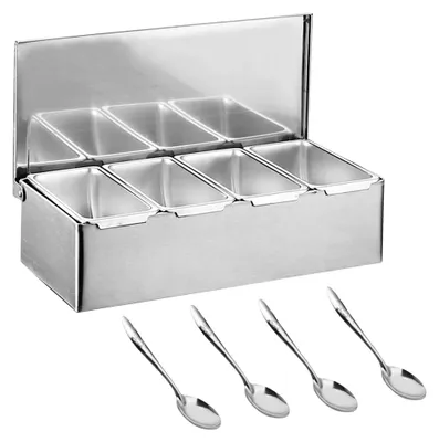 Produktbild von Zutatenbehälter mit Deckel und Löffel aus Edelstahl, Gewürzbox für Beilagen, Bar- und Pizza-Zutatenbehälter (4 Fächer)