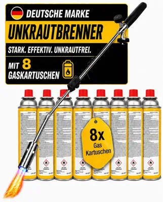 Produktbild von Fabona Unkrautbrenner Gasbrenner Abflammgerät Unkrautvernichter Piezozündung 1100° Flammenregler Gartenbrenner inkl 8 Gaskartuschen Profi Brenner