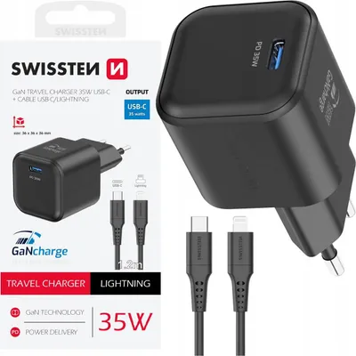 Zdjęcie produktu dla Szybka Ładowarka Sieciowa Gan Usb-c 35w Pd + Kabel Usb-c Lightning Swissten
