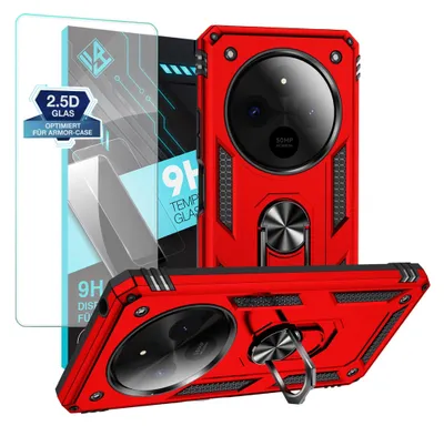 A red phone case and screen protector are displayed against a white background.