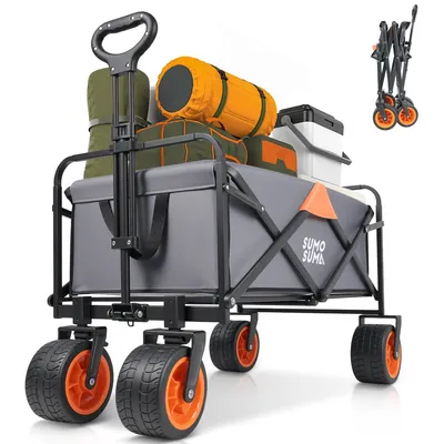 Produktbild von Sumasoma Bollerwagen Faltbar 120L 300KG mit Bremsen, Faltbarer Bollerwagen Handwagen Geländereifen, Zusammenfaltbar aus 4 Richtungen, Verstellbarer Handgriff, Grau
