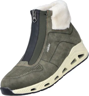 A single green Rieker boot with a cream-colored sole and white fur lining is shown against a white background.