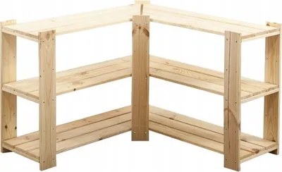 A wooden corner shelving unit with three shelves.