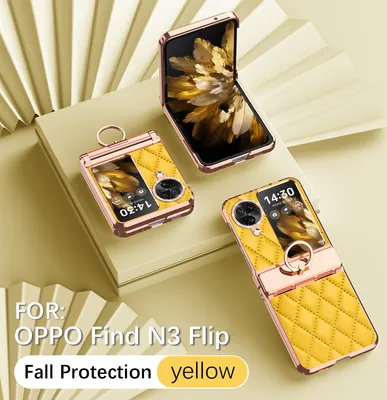 Image de Etui en cuir pour Oppo Find N3 Flip avec porte-anneau, étui de protection t brillant avec protection de la charnière Jaune