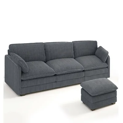 Produktbild von BEALIFE Ecksofa 240x76x91 cm mit Ottomane | 3-Sitzer aus Cord | Für Wohnzimmer & Gästezimmer | Dunkelgrau/Beige | AR88-24