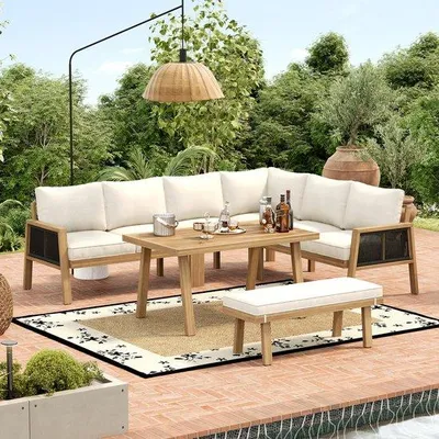 Produktbild von Gartenmöbelset, Eckbank + Sofa-Tisch, Akazie-Frägeset, Akazie-Tischplatte, gewebter Seilstrang, für den Garten geeignet, natur + creme