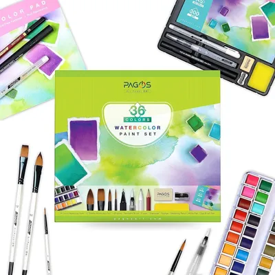 Produktbild von Pagos Aquarell Farben Set 36 Farben Festes Pigment Malkasten Hohe Pigmentierung, All-in-One-Set mit Palette, Pinsel, 12 Blatt Papierblock Geschenkbox für Künstler, Studenten, Erwachsene