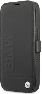 A black BMW branded phone case is shown from a diagonal angle.