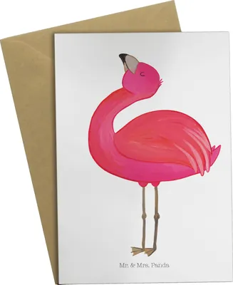 Produktbild von Mr. & Mrs. Panda Glückwunschkarte Flamingo Stolz - Weiß - Geschenk, osterkarte, Klappkarte, weihnachtskarten, Rosa, Grußkarte, einladungskarten, Selbstliebe