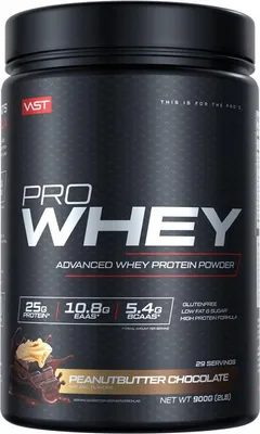 Produktbild von VAST Sports VAST PRO WHEY, Puder, Molkenproteinkonzentrat, Molkenprotein isoliert, Schokolade, Erdnussbutter, L-Alanin, L-Arginin, L-Asparaginsäure, L-Cystein, L-Glutaminsäure, L-Glutamin, L-Glycin,..., 25 g, 110 kcal