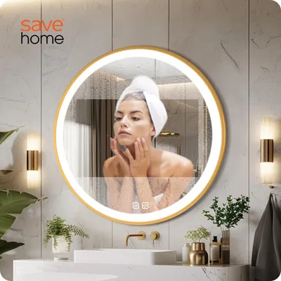 Zdjęcie produktu dla SAVE ®HOME Okrągłe lustro łazienkowe LED - 60 cm - PODŚWIETLANE - RAMA ZŁOTA - 3 BARWY ŚWIATŁA - ŚCIEMNIALNE - BEZ PARY - DOTYKOWE - LUSTRO ŚCIENNE