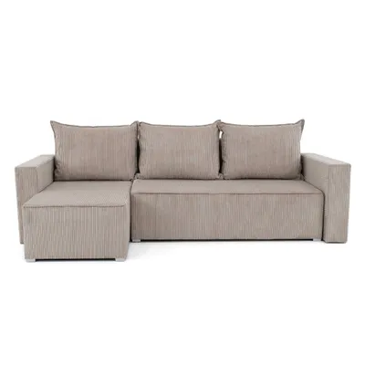 A sectional sofa with three back cushions and an ottoman on the left, shown from the front.