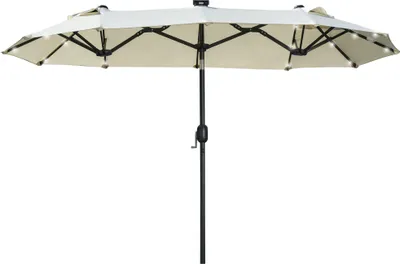 Produktbild von Doppelschirm, Terrassenschirm, neigbar, mit Solarpaneel, 35 LEDs, Stahlrahmen, beige, 2,92 x 1,50 x 2,18 m